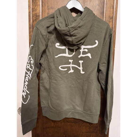 Ed Hardy Hoodie Mens Medium Green Tattoo Dragon Double Sided Pullover Sweatshirt - Picture 3 of 4